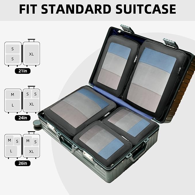 BAGAIL 4 Set/6 Set/8 Set Compression Packing Cubes Travel Accessories Expandable Packing Organizers (Square Mesh, 06-Black)