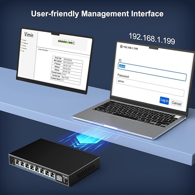 8 Port 2.5G Web Managed Ethernet Switch with 10G SFP, VIMIN 9 Port 2.5G Smart Network Switch Managed 60Gbps Switching Capacity, Support Vlan/QoS/IGMP/Static Aggregation, Desktop/Wall-Mount, Fanless