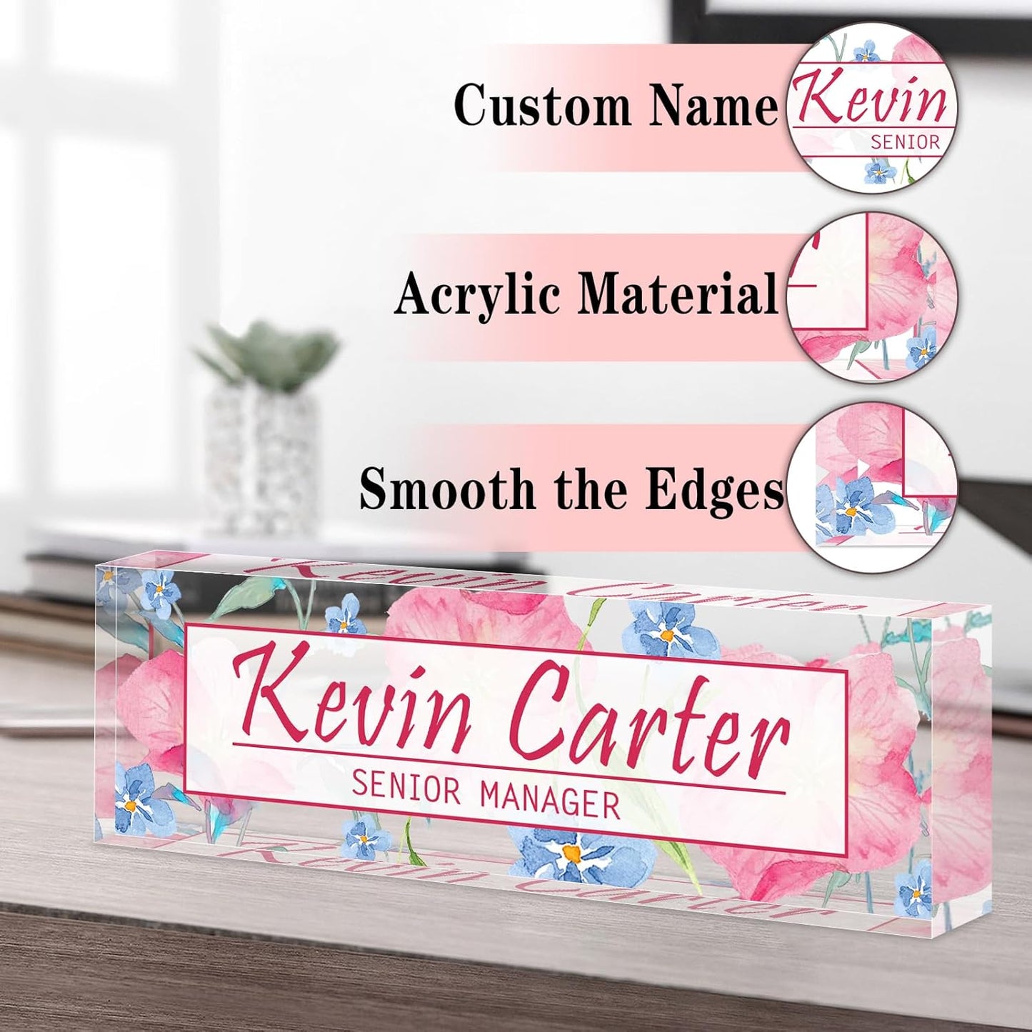 Name Plate for Desk Personalized, Acrylic Desk Decorations, Employee Appreciation Gifts, Custom Office Gifts for Coworkers, Boss, Teacher, Nurse (Pink Floating Flowers)