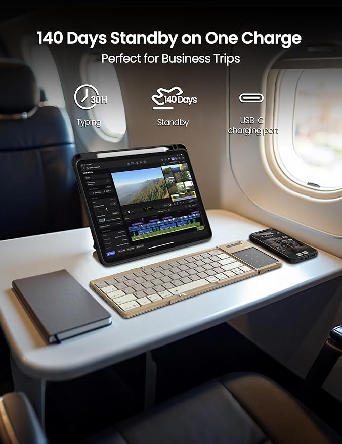 Nillkin Foldable Travel Keyboard with Touchpad & Number Pad, Bluetooth Wireless Portable Folding Full Size Keyboard with Trackpad for PC Laptop iPad Tablets Smartphone, Silicone Leather Cover, Khaki