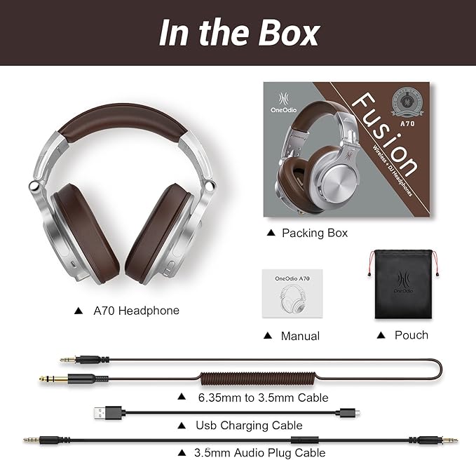 OneOdio A70 Bluetooth Over Ear Headphones, Wireless Headphones w/ 72H Playtime, Hi-Res, 3.5mm/6.35mm Wired Audio Jack for Studio Monitor & Mixing DJ E-Guitar AMP, Computer Laptop PC Tablet - Silver