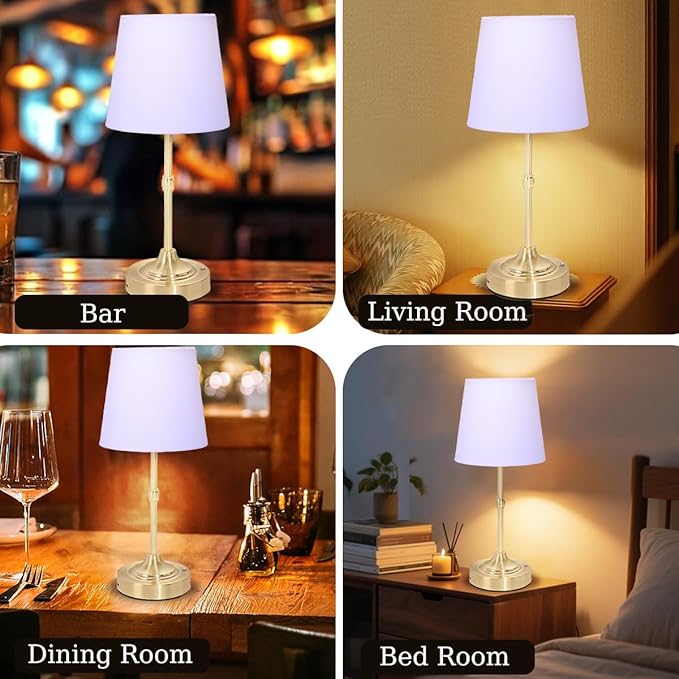 Cordless Lamp, Rechargeable Battery-Operated Lamp with Fabric Lampshades, 2 Pack Dimmable Desk Lamps for Kitchen, Bedroom, Living Room, Nightstand, Balcony, Home Décor (Gold)