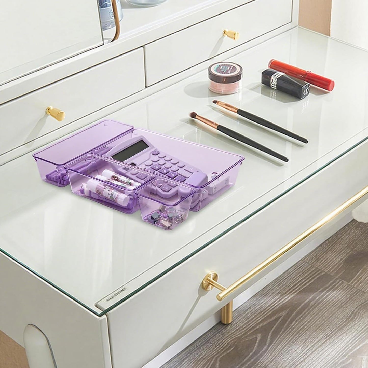 Kitchen Desk Drawer Organizers Storage for Office, Small Acrylic Vanity Trays Makeup Organizer for Drawer Bathroom Plastic Make up Organizers 25 Pcs Clear Purple