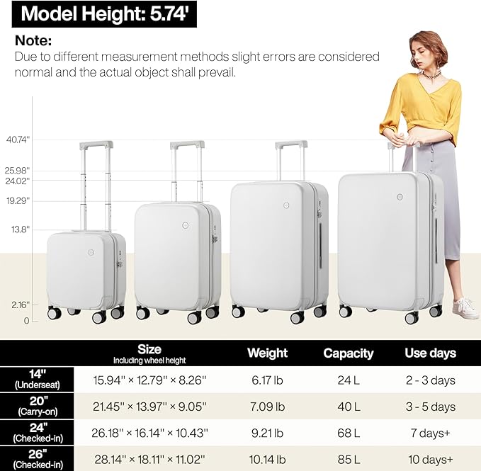 mixi Upgrade Luggage Suitcases with Spinner Wheels, Large Hardside Rolling Suitcase PC with TSA Lock Travel Case 26in Checked in, Fine Grid Smoke White