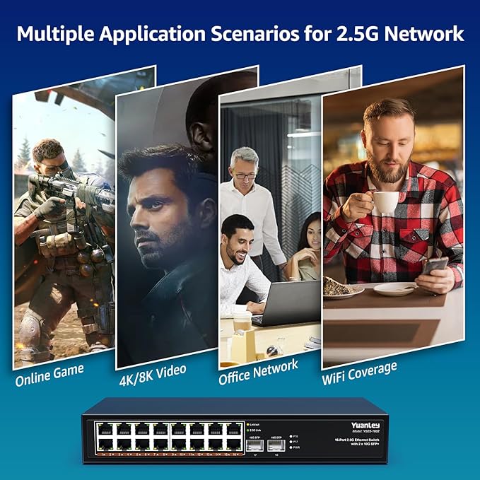 18 Port 2.5G Umanaged Ethernet Switch, 16 x 2.5Gb Base-T Ports, 2 x 10G SFP+, Compatible with 100/1000/2500Mbps, Metal Fanless, Desktop/Rack Mount YuanLey 2.5Gbe Network Switch for Wireless AP, PC