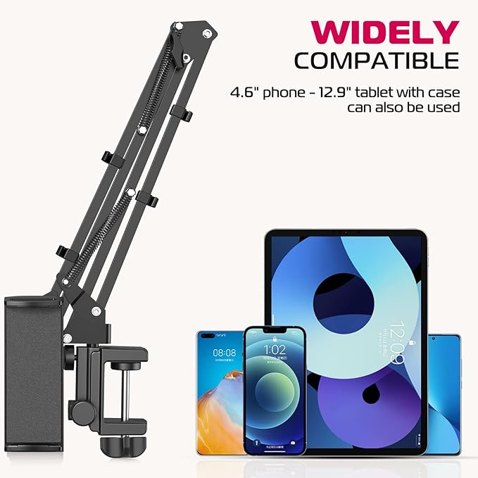 ULANZI T2 Adjustable Tablet Holder for Desk, Carbon Steel Tablet Phone Stand for Bed, Flexible Tablet Arm Clamp Compatible with iPhone 17 16 15 Pro iPad Kindle Galaxy Tab 4.6-12.9 Inch Devices