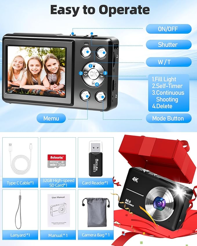 4K Digital Camera for Photography, Autofocus 64MP Vlogging Camera, 32GB TF Card, 2.8'' LED Screen, 18X Zoom, Anti-Shake, Portable YouTube Point and Shoot Digital Cameras for Kids Teens Adult Beginner