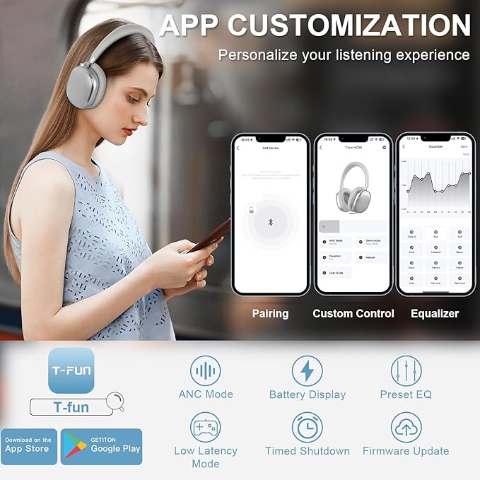 T-fun NC95 Hybrid Active Noise Cancelling Headphones with Knob Control, 65H Playtime Over Ear Headphones Wireless Bluetooth 5.3, App Control, Hi-Res Audio, Comfort Fit, Clear Calls for Travel/Workout