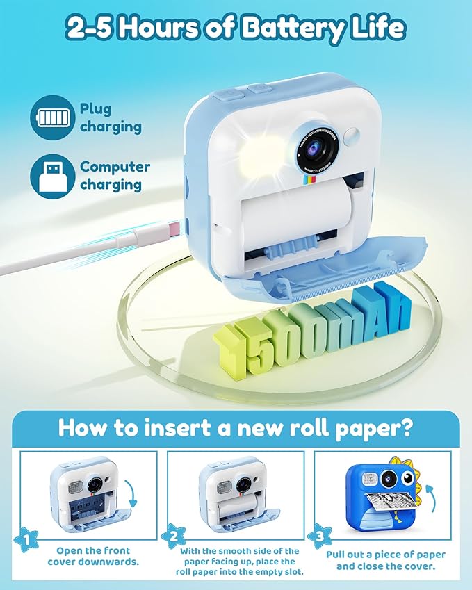 KOKODI Kids Camera Instant Print, Toddler Cameras Christmas Birthday Gifts for Boys Age 3-12, Digital Video Instant Printer Camera for Kids, Toys for Ages 5-7 Boys (Blue)