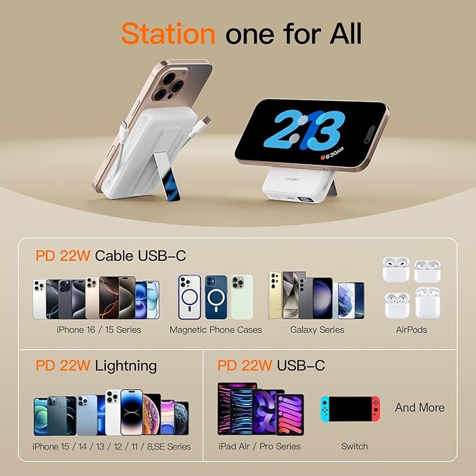 2025 Magnetic Battery Pack 16800mAh Mobile Power Bank, Portable Charger with Foldable Stand and Built-in Cable, 20W USB-C Fast Charging, Suitable for iPhone 17/16/15/14/13/12 Series