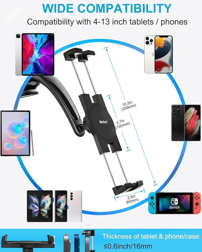 woleyi Car Dashboard Tablet Mount, Car Dash Tablet Holder with Strong Sticky Gel Suction Cup, Compatible with iPad Pro/Air/Mini, Galaxy Tabs/Z Fold, Fire HD, More 4.7-13" Cell Phones and Tablets