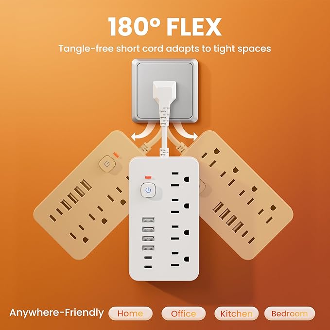 Surge Protector Power Strip - Chiefway Short Extension Cord with 4 AC Outlets, 6 USB Ports (2 USB C) & Overload Protection, Short Cord Outlet Extender Compact and Portable for Office Home Travel