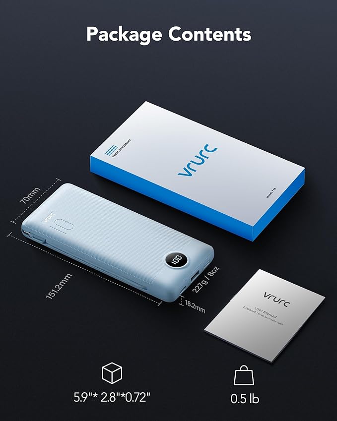 VRURC Portable Charger with Wall Plug and Cables, 10000mAh Power Bank with 22.5W Fast Charging USB Port,4 Outputs Dual Inputs Slim Compact Rechargeable Battery Pack Travel Accessories-Blue(1 Pack)