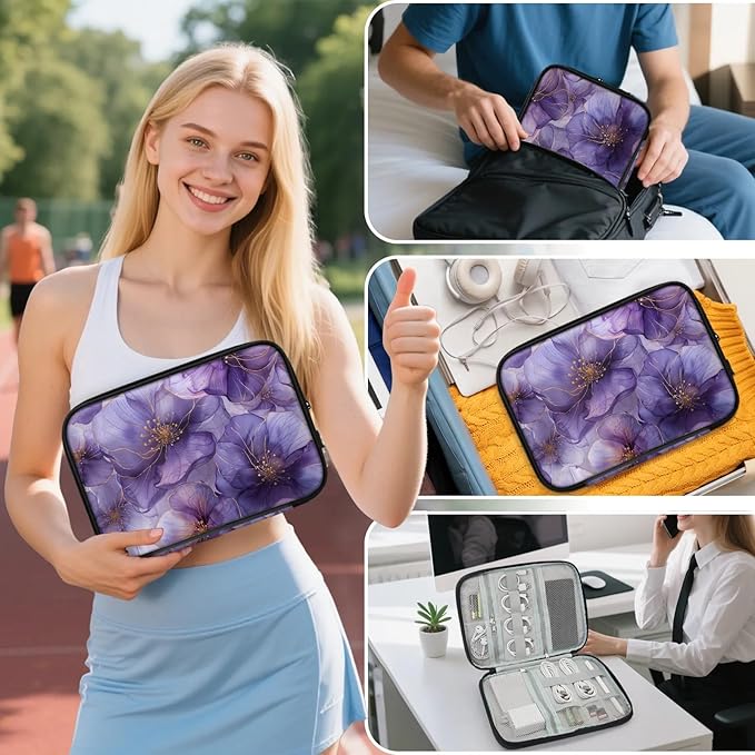 Purple Flowers Electronics Travel Organizer Case, Tech Accessories Cable Storage Bag for Cords, Charger, Phone, Hard Drive