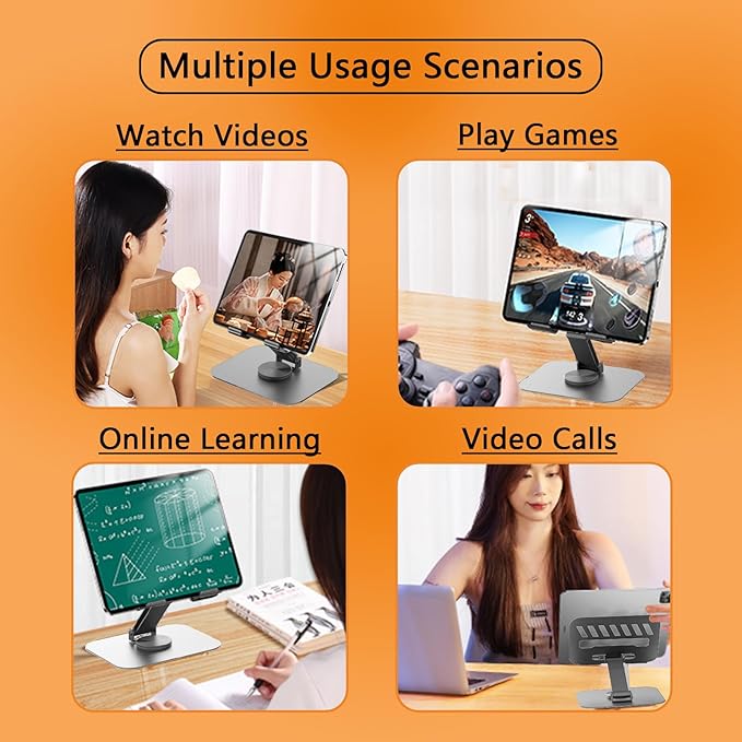 Larger Metal Tablet Stand, Adjustable 360° Rotation Tablet Holder Compatible with 4-16" Tablet Such as iPad Pro, iPad Air, iPad Mini, Tab S10 Ultra, Grey