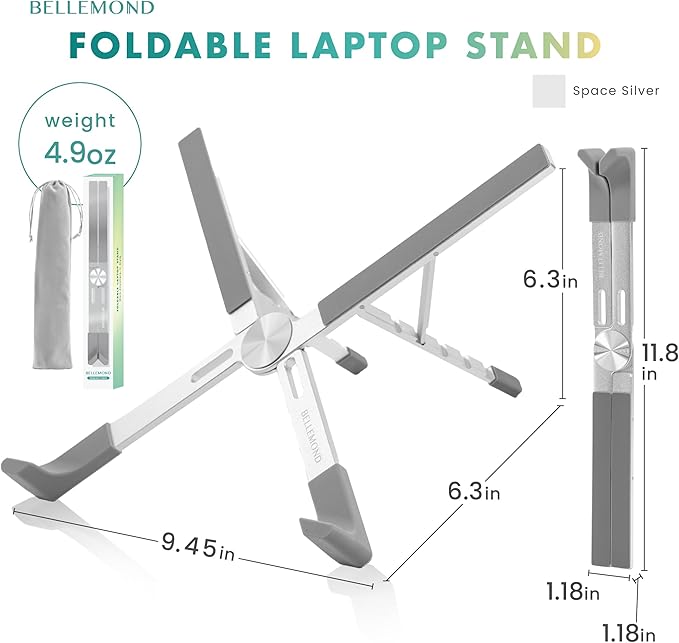 BELLEMOND Laptop Stand | Foldable & Adjustable Aluminum Riser | Ventilated X-Frame Japanese Design | Fits MacBook Pro/Air, Dell, HP, Lenovo & 10β17.3β Laptops | Portable & Lightweight | Space Silver