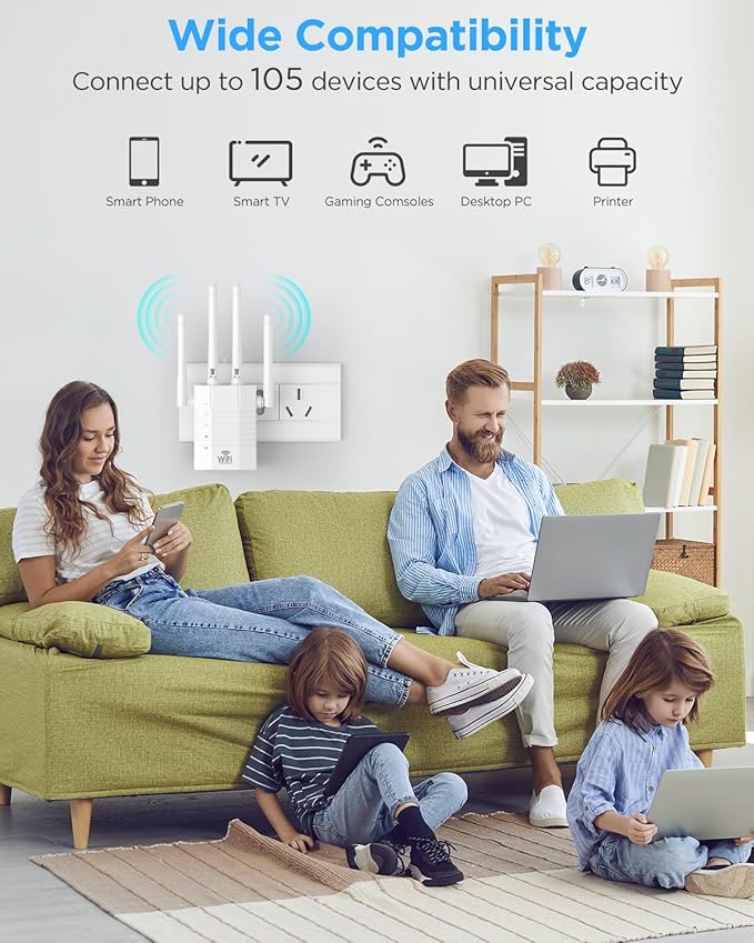 1200Mbps WiFi Extender, WiFi Extender Signal Booster for Home - WiFi Repeater, Internet Extender WiFi Booster, 12880 Sq Ft Reach, 105 - Device Support