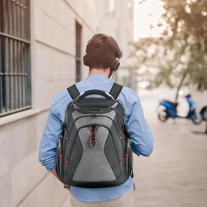 KROSER Travel Laptop Backpack 17.3 Inch XL Computer Backpack with Hard Shell Saferoom RFID Pockets Water-Repellent Business College Daypack Stylish Bag for Men/Women-Black Grey