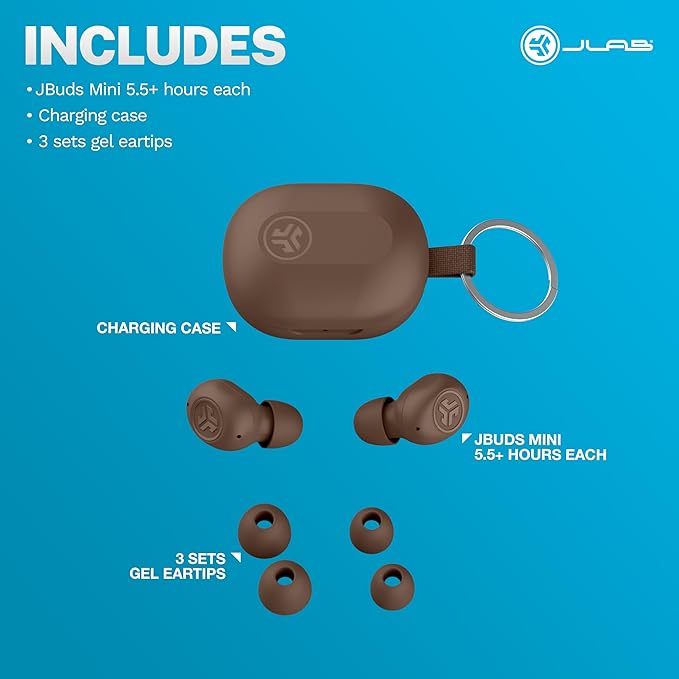 JLab JBuds Mini Tones True Wireless Bluetooth Earbuds + Charging Case, (4625 W), IP55 Sweat and Dust Proof, Bluetooth Multipoint, Be Aware Audio, 3 EQ Sound Settings, Crystal Clear Calls