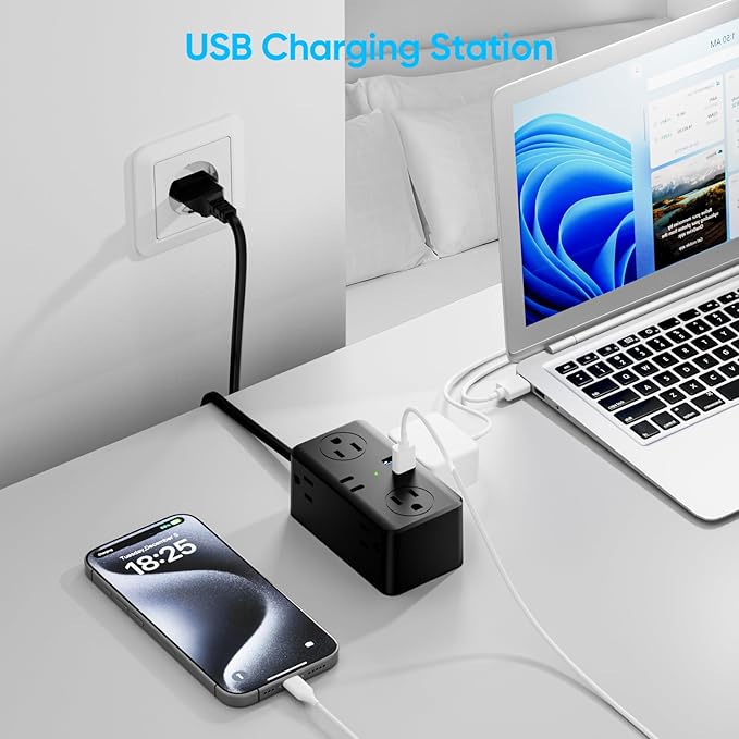 European Travel Plug Adapter, EU/UK/US Travel Plug Adapter Power Strip, 6 AC Outlets, 4 USB Ports (2 USB C), 3ft Wrapped Around Extension Cord, Compact for Travel, Black