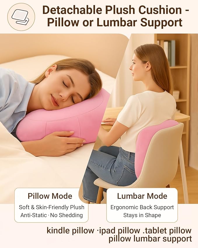 Kindle Pillow Stand for Bed, Adjustable Tablet & Phone Holder for iPad, Kindle, Couch – Snack & Drink Holders, 50 Disposable Liners & Washable Pillow Cover(Pink)