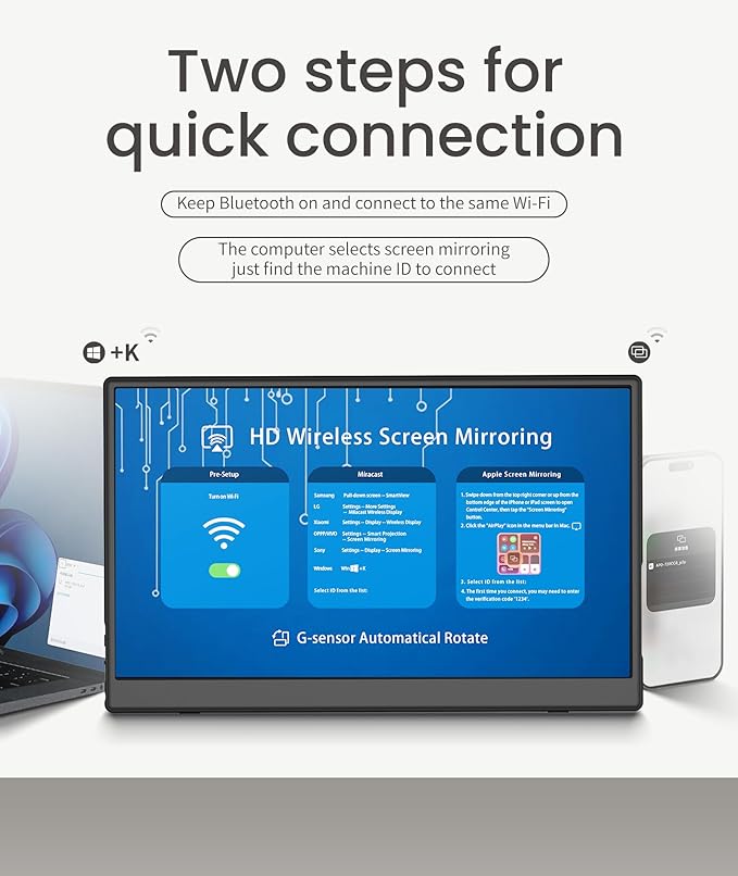 Wireless Portable Monitor for Laptop/PC, 15.6" FHD IPS Travel Monitor with Stand, Built-in G-Sensor, Auto Rotate, HDMI/Type-C, Eye Care, PU Bag, VESA Mount for Mac/Phones/PS5/PS4/Xbox/Switch