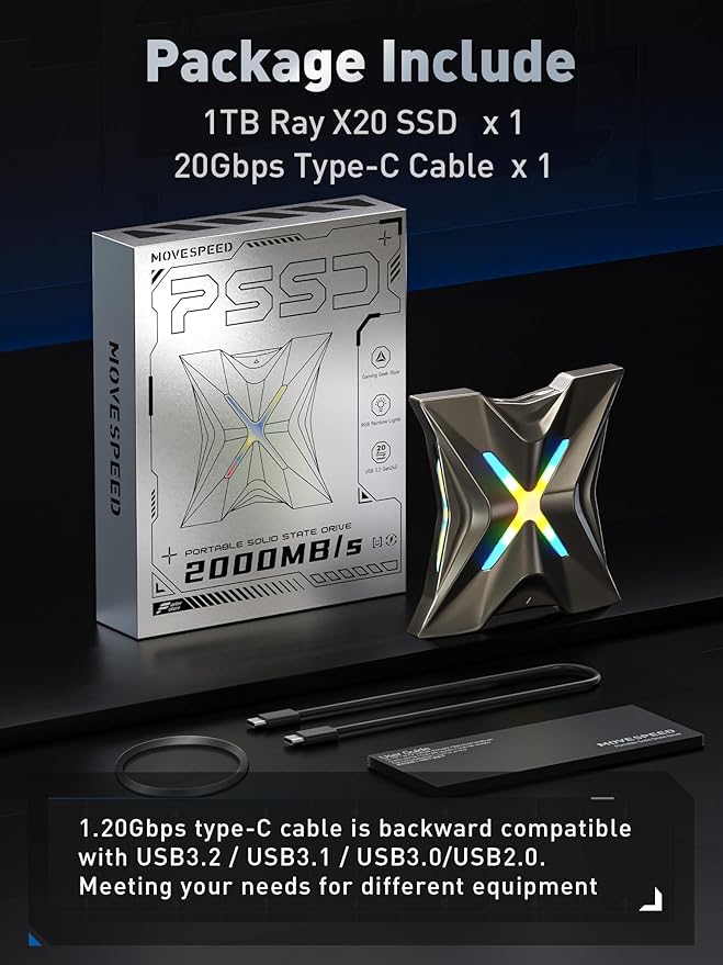 MOVE SPEED Magnetic 1TB Portable External SSD - 2000MB/s USB-C 3.2x2, PS5/PC/Smartphone Compatible Portable Drive, Compact Durable Storage for Gamers & Creators