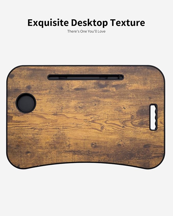 Foldable Lap Desk, Laptop Bed Desk, Portable Lap Table, Laptop Bed Table with Cup Holder & Tablet Slot & Lifting Handle for Working Writing Drawing & Eating - Rustic Brown