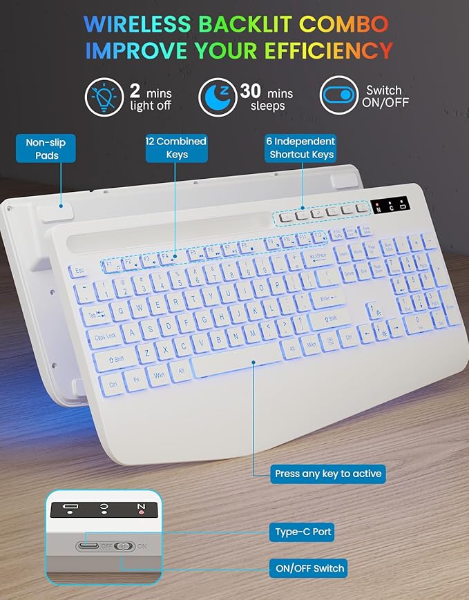 Wireless Keyboard with 7 Colored Backlit, Wrist Rest, Phone Holder, Rechargeable Ergonomic Computer Keyboard with Silent Keys, Full Size Lighted Keyboard for Windows, MacBook, PC, Laptop (White)