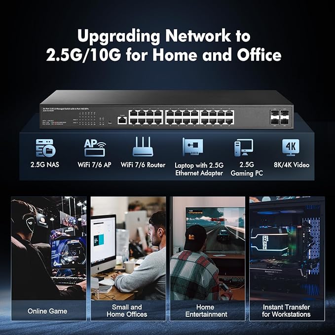 28 Port 2.5G Web Managed Switch, 24x2.5G Ethernet, 4x10 Gigabit SFP Ports, Web/CLI L3 Managed, Metal Multi-Gigabit Desktop/Rackmount Binardat Network Switch