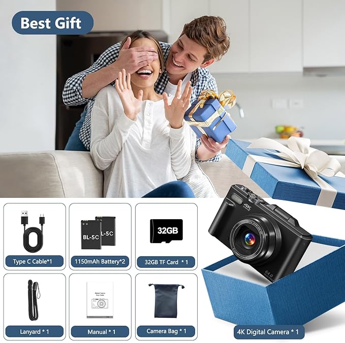 Digital Camera for Photography, 4K Vlogging Camera for YouTube 3" 180° Flip Screen 18X Digital Zoom Compact Retro Cameras with 32GB TF Card & 2 Batteries, Black