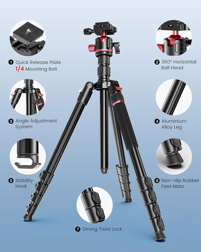 CAMBOFOTO 80β DSLR-Camera-Tripod, Photography 360 Ball Head Professional Aluminum Tripod & Monopod with Carry Bag Compatible with Canon Nikon Binoculars Laser Telescope (Weight 3.35 Lbs, 15Lbs Load)