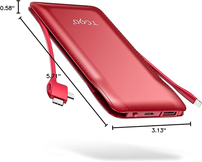 TG90° Portable Charger 10000mah Cell Phone Battery Backup, Ultra Slim Power Bank with Built in Lightning and USB-C Cable, Portable Phone Charger Battery Packs Compatible with iPhone Android Phones