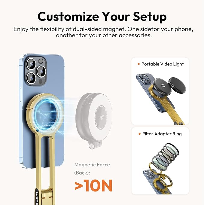 ULANZI MA30 Magnetic Phone Tripod Stand for iPhone - Aluminium Maglock Smartphone Mini Tripod Pocket Cell Phone Stand Strong Magnet Quick Mount Compatible with iPhone 17 16 15 14 13 12 Series, Gold