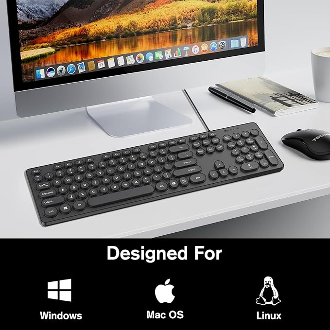 cimetech Wired USB Keyboard, Full Size Computer Keyboard Low-Profile Basic Matte Black with Foldable Stands, Plug-and-Play Compatible with Windows, PC, Laptop