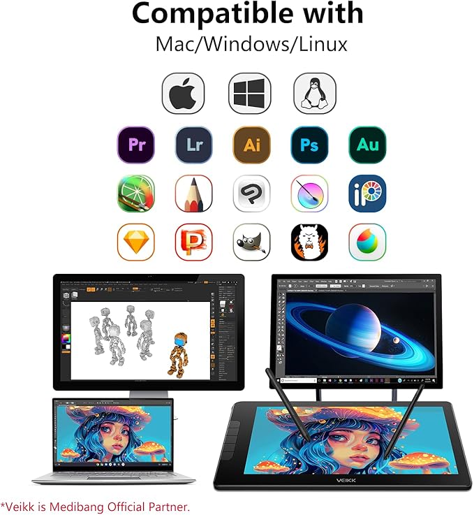 VEIKK Studio 16 Drawing Tablet with Screen, 15.6 Inch Pen Display Full-Laminated Anti-Glare Glass (125% sRGB),16384 Pressure Battery-Free Pen (2 Pcs), 5 Shortcut Keys and Quick Dial, Adjustable Stand