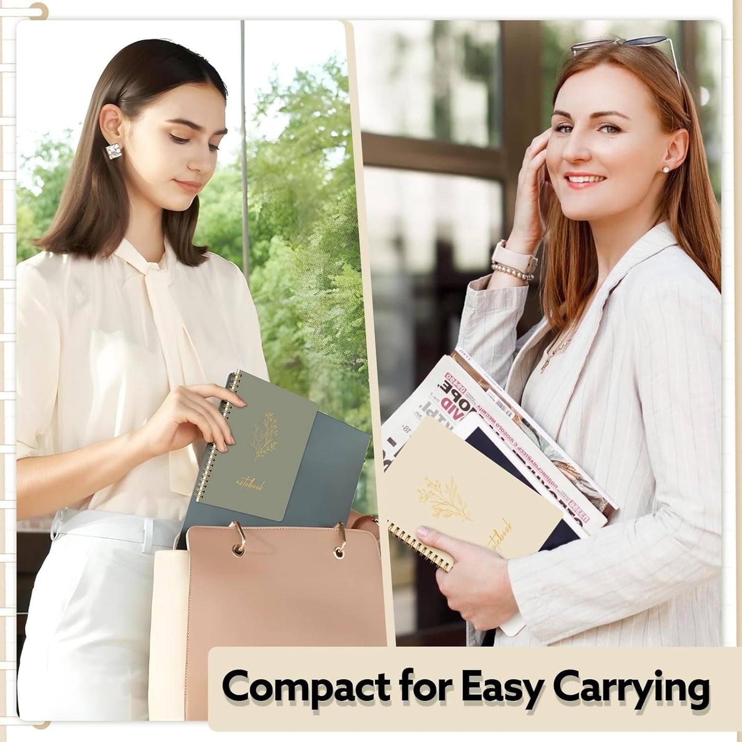 3 Pcs Spiral Notebook 5.9x8.3, 140 Pages Small Notebook for Women A5 College Ruled Journals Cute Notebooks with Large Pockets and Index Stickers for Home School Office Use(Green, Beige, Orange)