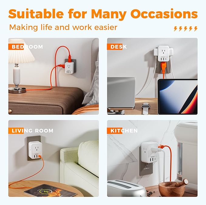 USB Charger Block, TESSAN Outlet Extender Surge Protector with USB C, 4 AC Multi Plug Wall Outlet Splitter 1875W, Electrical Plug Expander for Home Office Dorm Room Essentials, White