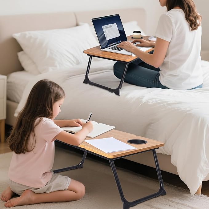 Adjustable Laptop Bed Table with Book Stand, Portable Reading Desk with Side Panel, Wood Grain