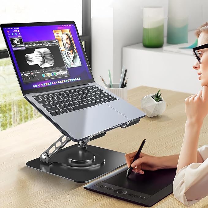 Adjustable Laptop Stand for Desk, Dual Foldable Computer Riser with Heat-Vent, Ergonomic Sit to Notebook Holder Convertor, Compatible with All 10-16" Laptops, Tablets, Black