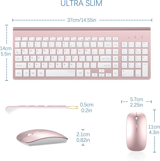 Wireless Keyboard and Mouse Ultra Slim Combo, TopMate 2.4G Silent Compact USB 2400DPI Mouse and Scissor Switch Keyboard Set with Cover, 2 AA & 2 AAA Batteries,for PC/Laptop/Windows/Mac-Rose Gold White