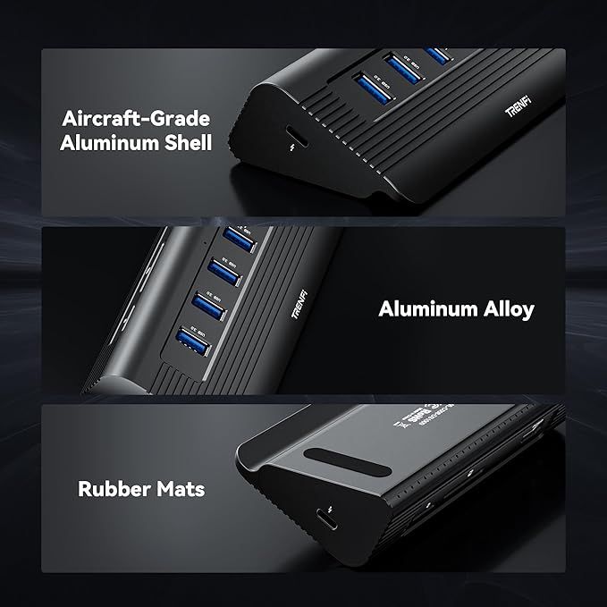 10-in-1 USB C Hub, 10Gbps USB 3.2 Gen 2 & 4K 60Hz HDMI Multiport Adapter | Docking Station with Detachable Cable, 100W Power Delivery, SD/TF for MacBook Pro/Air M4 M3, Dell XPS (Midnight)