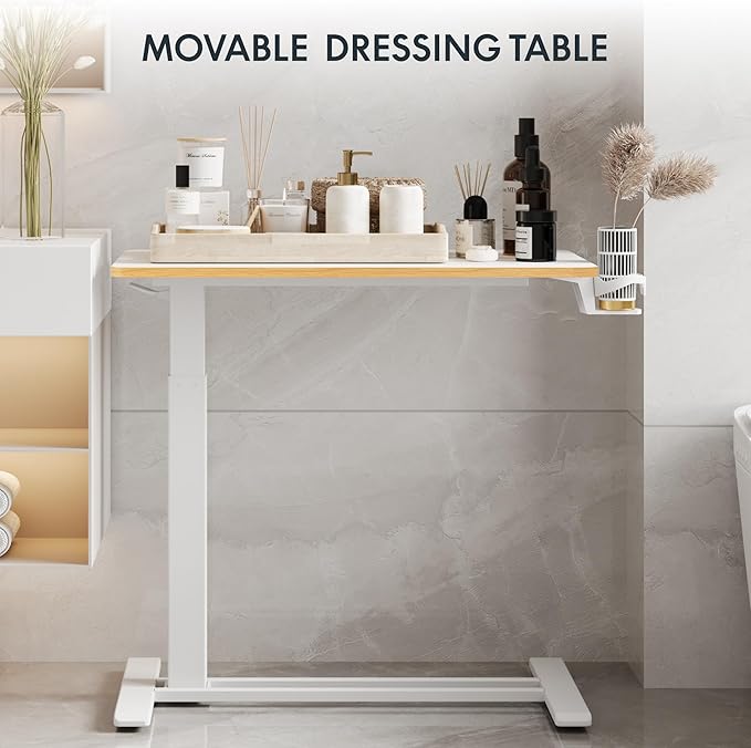 FLEXISPOT H7 Adjustable Overbed Bedside Table with Wheels Pneumatic Mobile Standing Laptop Desk Rolling Computer Cart Movable Overbed Table Hospital Home Use (31.5" W x 17.7" D, White Maple Large)