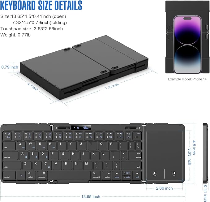 Eelexa Foldable Travel Key Board Wireless Portable Folding Keyboard with Touchpad, Lock Hinge Battery Level Display, Bluetooth Keyboard for ipad Tablet Laptop Windows Mac OS (Black-Tri-fold)