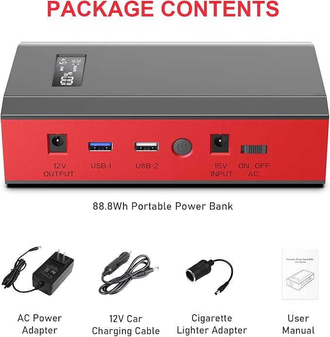 Portable Power Bank with AC Outlet, 65W 110V External Battery Pack 24000mAh Portable Laptop Charger Power Source Supply for Outdoor RV Tent Camping Home Smart Device with Emergency Light -Grey Red