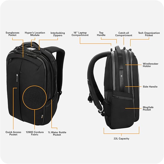 HyperPack Pro 22L Slim Travel Backpack with 'Find My' Compatibility - Fits up to 16” Laptop. Anti Theft w/RFID Protective Pocket.