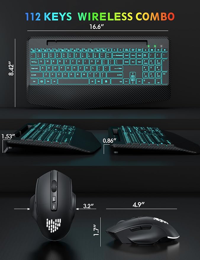 Wireless Keyboard and Mouse Backlits, Wrist Rest, LED Mouse, Rechargeable Ergonomic Keyboard with Phone Holder, Silent Light Up Combo for Computer, Mac, PC, Laptop, Chromebook (Black)