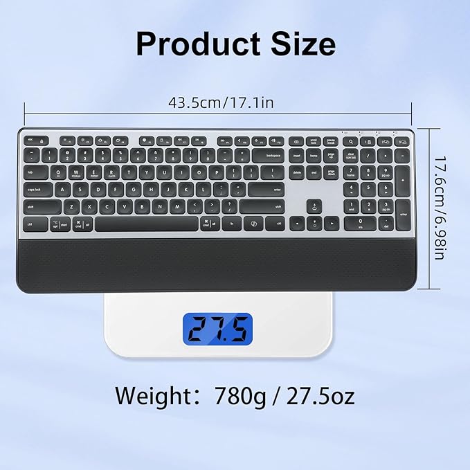 Wireless Keyboard, Rechargeable Full Size Multi-Device Bluetooth Keyboard with Wrist Rest, 3-Level Backlit, for Computer, Laptop, Tablet, Smartphone, Office,(US Layout)