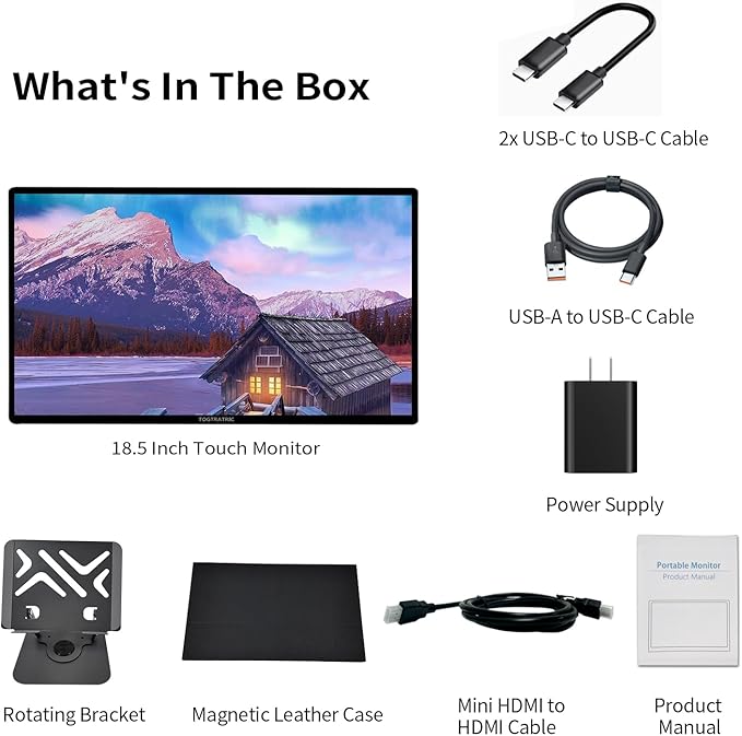 18.5 Inch Touchscreen Large Portable Monitor Metal Shell IPS HDR 1080P with Smart Cover & Rotatable Stand & Speakers, 99% sRGB, 350cd/m², VESA, USB-C HDMI External Touch Screen for Mac/Laptop/PC/Phone