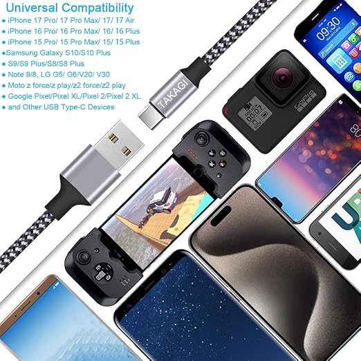 TAKAGI USB to USB C Cable (3Pack 6ft) USB A to Type C Cable Fast Charging Nylon Braided Data Sync Transfer Cord USB C Charger for iPhone 17 Pro Max/17 Air/16e/16 15 Pro/15 Plus/Galaxy S20 S10 Note 20